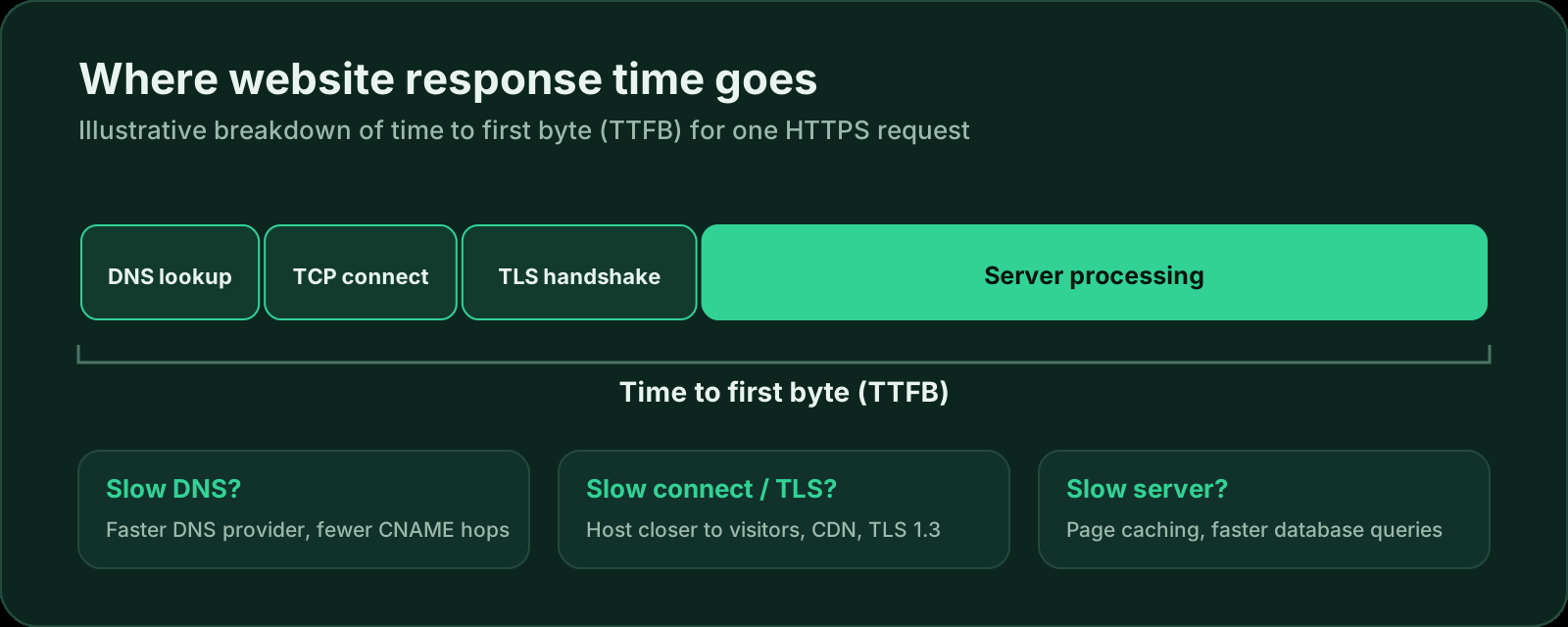 Illustrative breakdown of website response time: DNS lookup, TCP connect and TLS handshake are shorter segments and server processing is the largest; together they make up time to first byte.